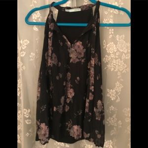 Floral Pleated Halter Top - Black with Mauve Flowers